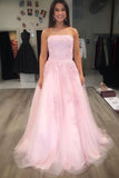 A-Line Strapless Pearl Pink Tulle Prom Dress with Lace Appliques Beading OK1266