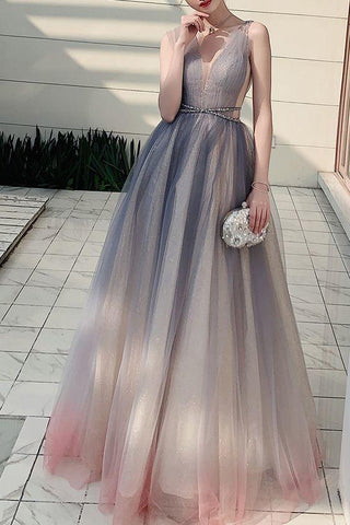 Elegant V Neck A-Line Beaded Ombre Long Prom Dress Formal Evening Dress OKZ56