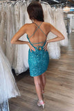 Teal Blue Sequins V-Neck Short Homecoming Dresses Mini Back to School Party Dresses OK1452