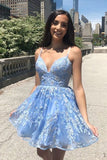 Spaghetti Straps Blue A-line Short Homecoming Dress With Lace Appliques OKZ72