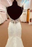 Off White Appliques Spaghetti Strap Backless Mermaid Long Wedding Dress OK1613