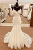 Off White Appliques Spaghetti Strap Backless Mermaid Long Wedding Dress OK1613