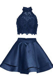 Two Piece Dark Blue Short Homecoming Dresses with Lace, A Line Satin Graduation Dress OKM55