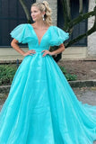 Orange Plunge V Ruffled Sleeves A-Line Long Formal Evening Dress Prom Gown OK1756