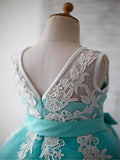 Blue Ball Gown Scoop Sleeveless Bowknot Floor-Length Tulle Appliques Flower Girl Dress OK722