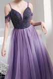 Elegant Cold Shoulder Beaded Lilac Tulle A Line Long Prom Party Dress OK1394