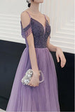 Elegant Cold Shoulder Beaded Lilac Tulle A Line Long Prom Party Dress OK1394