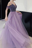 Chic Cold Shoulder Beading Lilac Tulle A Line Long Prom Party Dress OK1394