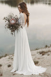 Long Sleeve Beach Wedding Dress Chiffon Lace Wedding Gowns V-Neck Open Back Bridal Dresses OKV23