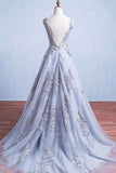 Glamorous A-Line Round Neck Gray Tulle Ball Gown Long Prom Dresses OK142