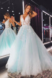 V Neck Teal Lace Floral Long Prom Dress A-line Tulle Long Formal Evening Dress OKW99