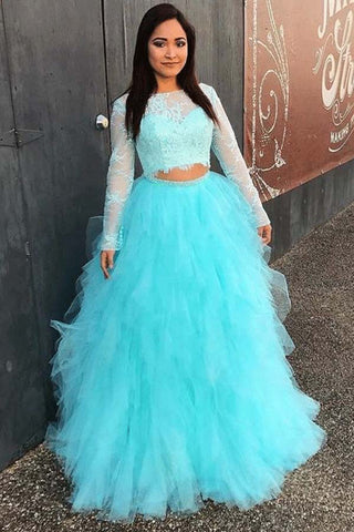 Full Sleeve Evening Dress, Two Piece Tulle Lace Top Prom Dresses, Elegant Formal Dress OKE90