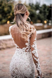 Mermaid Lace Appliques Long Sleeve Bridal Wedding Gown Illusion Bottom Wedding Dresses OKV29