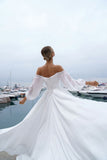 Boho A Line Chiffon Off-the-shoulder Beach Wedding Dress with Long Sleeves OK1582