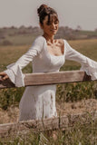 Off White Square Neck Long Sleeves Long Simple Wedding Dress with Slit OK1622