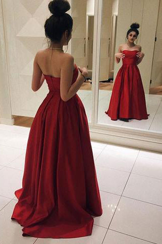 Formal Sweetheart Strapless Red Satin Long Prom Dress OKC75