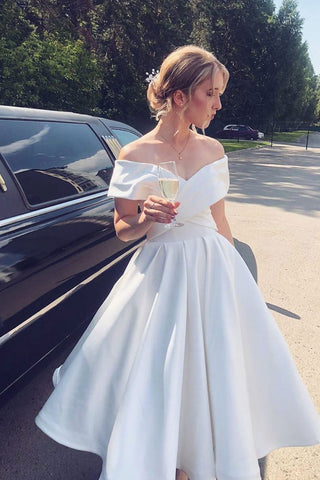 A Line Ankle Length Homecoming Dress Ivory Off-Shoulder Satin Short Wedding Dress OK1116
