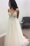 Floral Open Back Deep V-neck Straps Tulle Appliques Prom Dresses Wedding Dress OK180