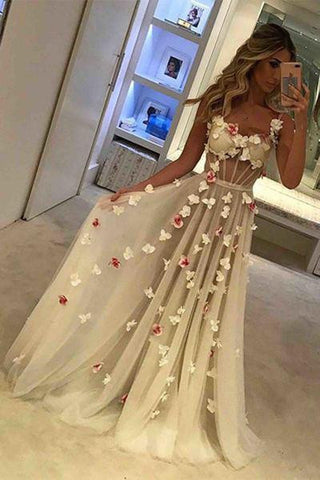 A-line Formal Prom Dress,Sexy Sleeveless Straps Evening Gown with Flowers OKE80