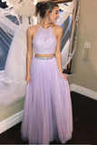 Two Piece Halter Backless Tulle Lavender Prom Dresses with Lace Beading OKI75