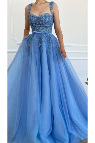 A Line Blue Appliques Prom Dress Long Formal Evening Party Dress Celebrity Gown OK1633