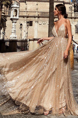 Charming A-Line V Neck Spaghetti Straps Sequin Long Prom Dresses OKE44