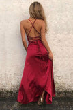 Red A-Line Spaghetti Straps Sleeveless Floor-Length Sexy Slit Prom Dress OKD94