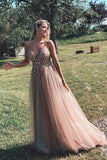 V-neck Long A Line Tulle Prom Dress with Beading Popular Eveing Dress Fashion Winter Formal Dress OK1060