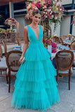 Charming Deep V-neck A-line Tulle Prom Dress Tiered Skirt Long Party Gowns OKZ82