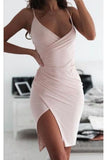 Sexy Pink Tight Homecoming Dress Spaghetti Straps V-Neck Mini Graduation Dress OK1481