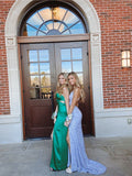 Glitter Mermaid V Neck Cross Back Blue Sequin Prom Dress with Slit OK1036