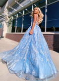 Charming V Neck Lace Sky Blue A-line Spaghetti Straps Prom Dress with Appliques OKW88