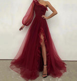 Burgundy One Shoulder Tulle Prom Dress A Line Long Evening Dresses OK1125
