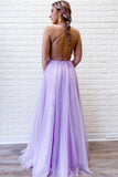 A-Line Lavender Tulle Spaghetti Straps Appliques Long Prom Dress with Slit OK1278