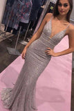 Glamorous Mermaid V Neck Spaghetti Straps Silver Sequins Long Prom Dress Evening Party Dress OK1276