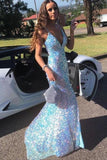 Simple V Neck Light Blue Sequin Mermaid Long Prom Dresses OK1938