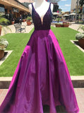 Purple A Line Beading V Neck Prom Gowns With Pockets Cheap Formal Evening Dress OKI65