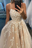 Simple Spaghetti Straps A-line Lace Appliques Tulle Long Prom Dress OKW97