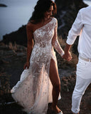 One Shoulder Off White Lace Beach Wedding Dress Simple A Line Slit Bridal Wedding Gown OK1564