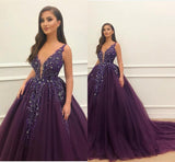 Elegant Purple Tulle V-neck Neckline Floor-length Ball Gown Prom Dress OK1410