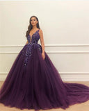 Elegant Purple Tulle V-neck Neckline Floor-length Ball Gown Prom Dress OK1410