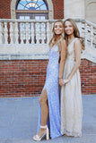 Glitter Mermaid V Neck Cross Back Blue Sequin Prom Dress with Slit OK1036