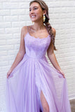 A-Line Lavender Tulle Spaghetti Straps Appliques Long Prom Dress with Slit OK1278