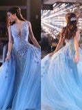 Sky Blue Tulle Sleeveless Scoop Applique Long Prom Dress OK1304