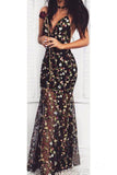 Black Mermaid Floral Prom Dresses Sexy V Neck Straps Formal Dress OKG88