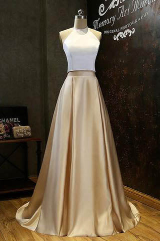 Simple Prom Dresses,Two-Piece Prom Dress,Gold Prom Dresses,Halter Prom Dress,Long Evening Dress,White Top Prom Dresses