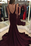 Elegant Mermaid Burgundy Sweep Train Prom Dresses with Open Back OK132