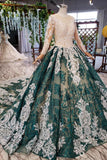 Green Long Sleeves Ball Gown Lace Prom Dresses with Appliques, Long Prom Gown OKP51