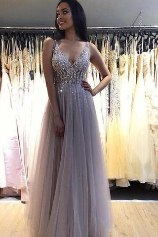 A-line V neck Floor Length Tulle Prom Dress Beaded Long Evening Gowns OKY14