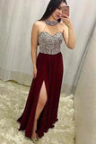 Burgundy A Line Halter Neckline Prom Dress With Slit Dance Party Dress Graduation Dress OK1149